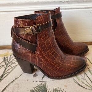 H BY HUDSON LONDON WOMENS ANKLE BOOTS EU 37 US BROWN CROC STRAPPY 3"HEEL